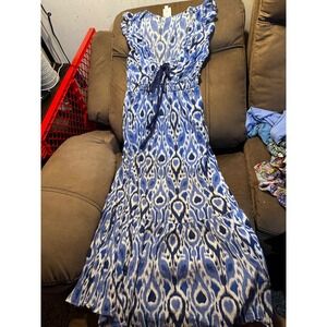 Loft Beach Blue White Ikat Print Maxi Dress Sleeveless V-Neck Tiered Summer S